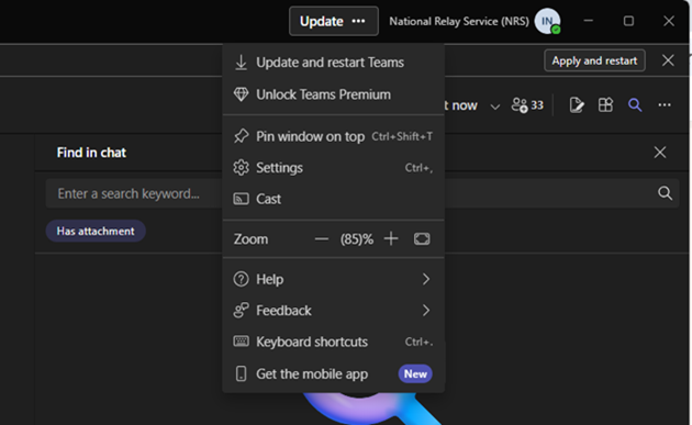 Microsoft Teams update options